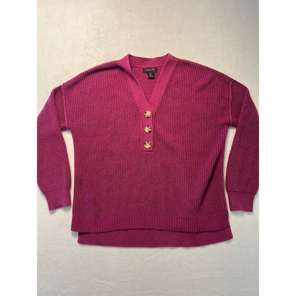 Rachel Zoe L Sweater Boho Magenta Purple Henley Knit High Low Vneck Grandmacore
